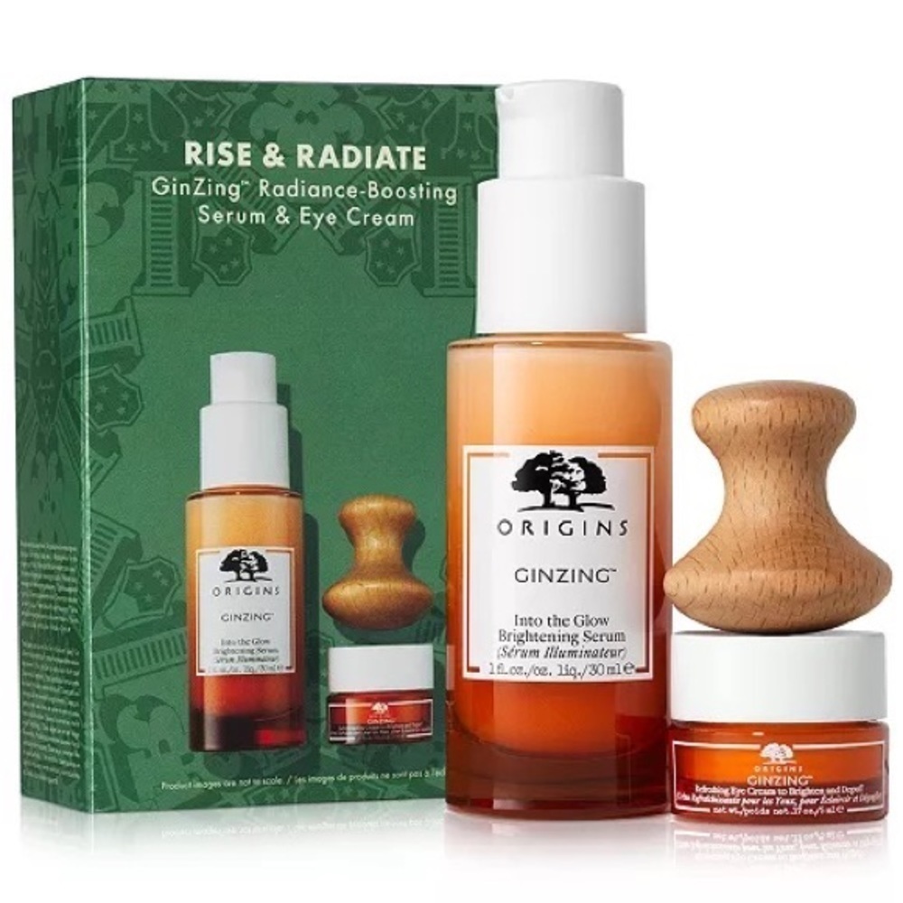 Origins radiance boosting serum , eye cream set and eye massage tool